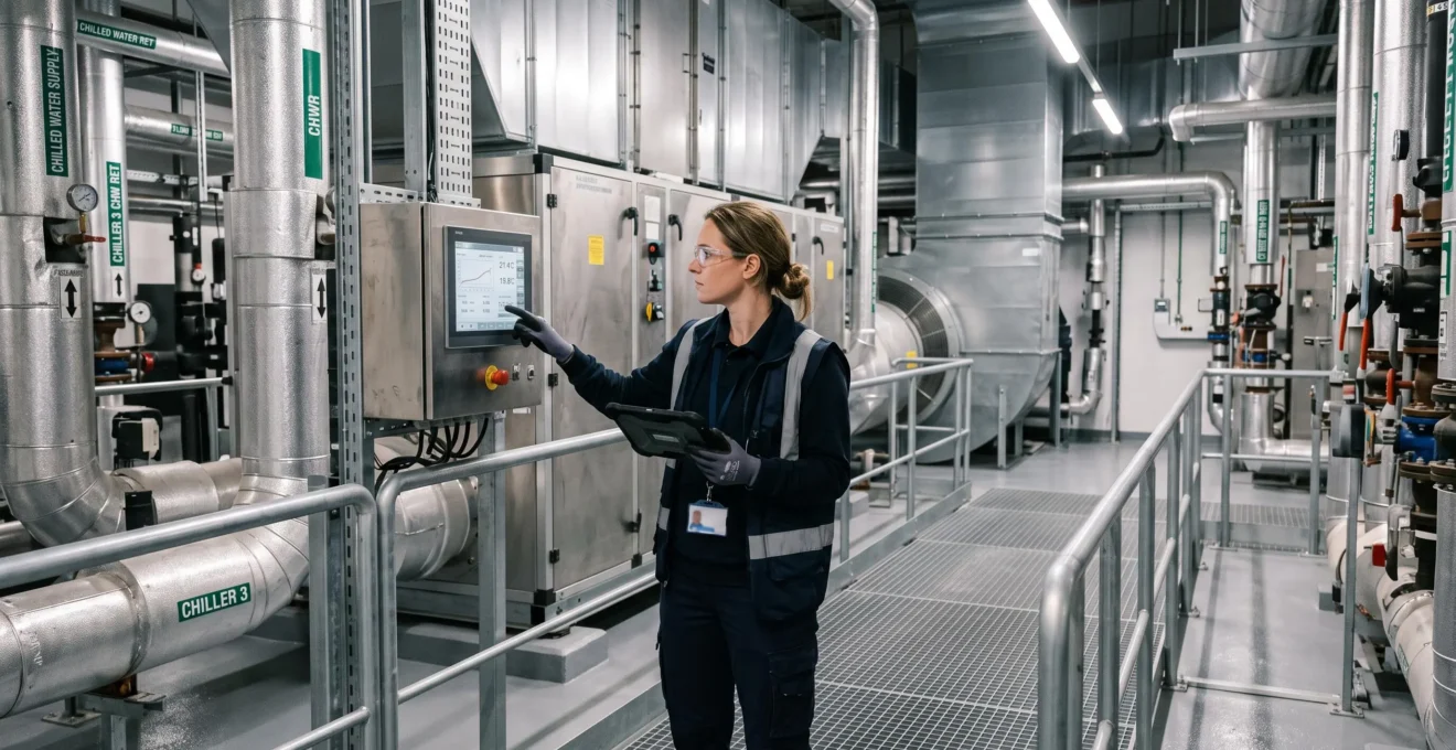 Technicien inspectant le système de refroidissement industriel d'un datacenter au Luxembourg, avec conduits d'air et équipements de climatisation professionnels