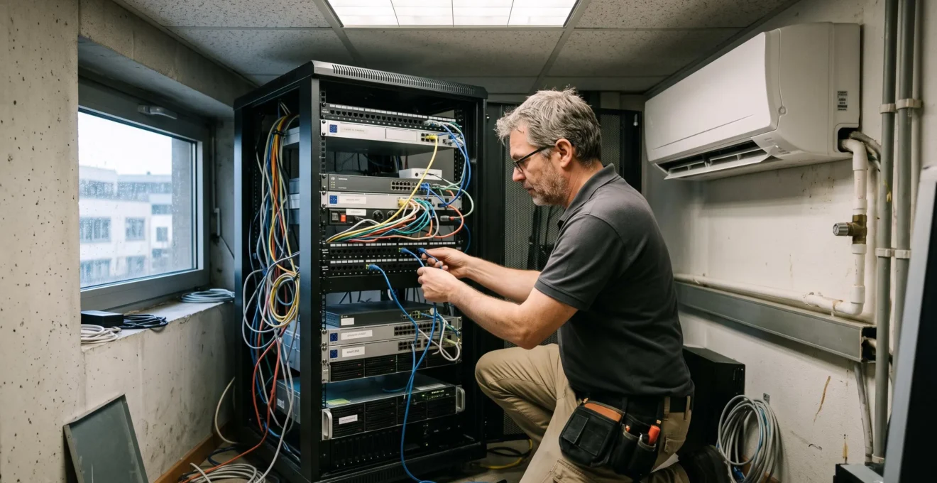 Administrateur IT travaillant sur un rack serveur dans une salle serveur d'entreprise compacte au Luxembourg, avec climatisation basique et éclairage fluorescent