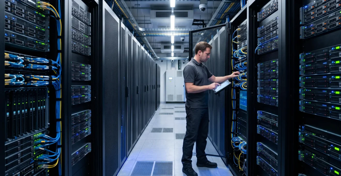 Technicien inspectant un rack serveur dans l'allée froide d'un datacenter professionnel au Luxembourg, entre deux rangées d'armoires serveurs avec indicateurs LED