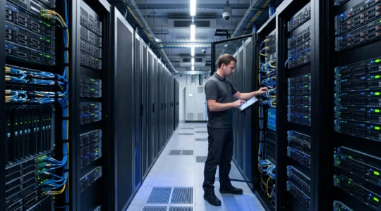 Technicien inspectant un rack serveur dans l'allée froide d'un datacenter professionnel au Luxembourg, entre deux rangées d'armoires serveurs avec indicateurs LED